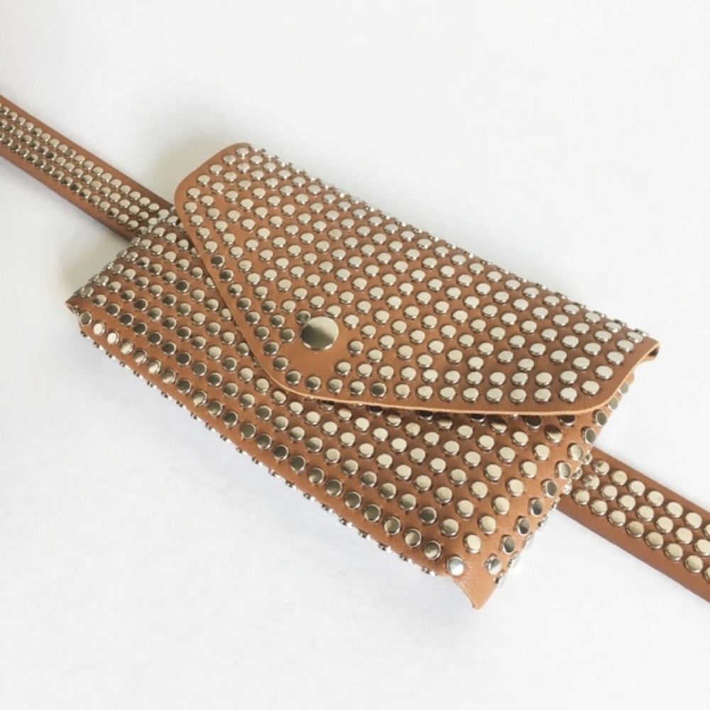 Brown Fanny Pack Waist Bag Studded Faux Leather